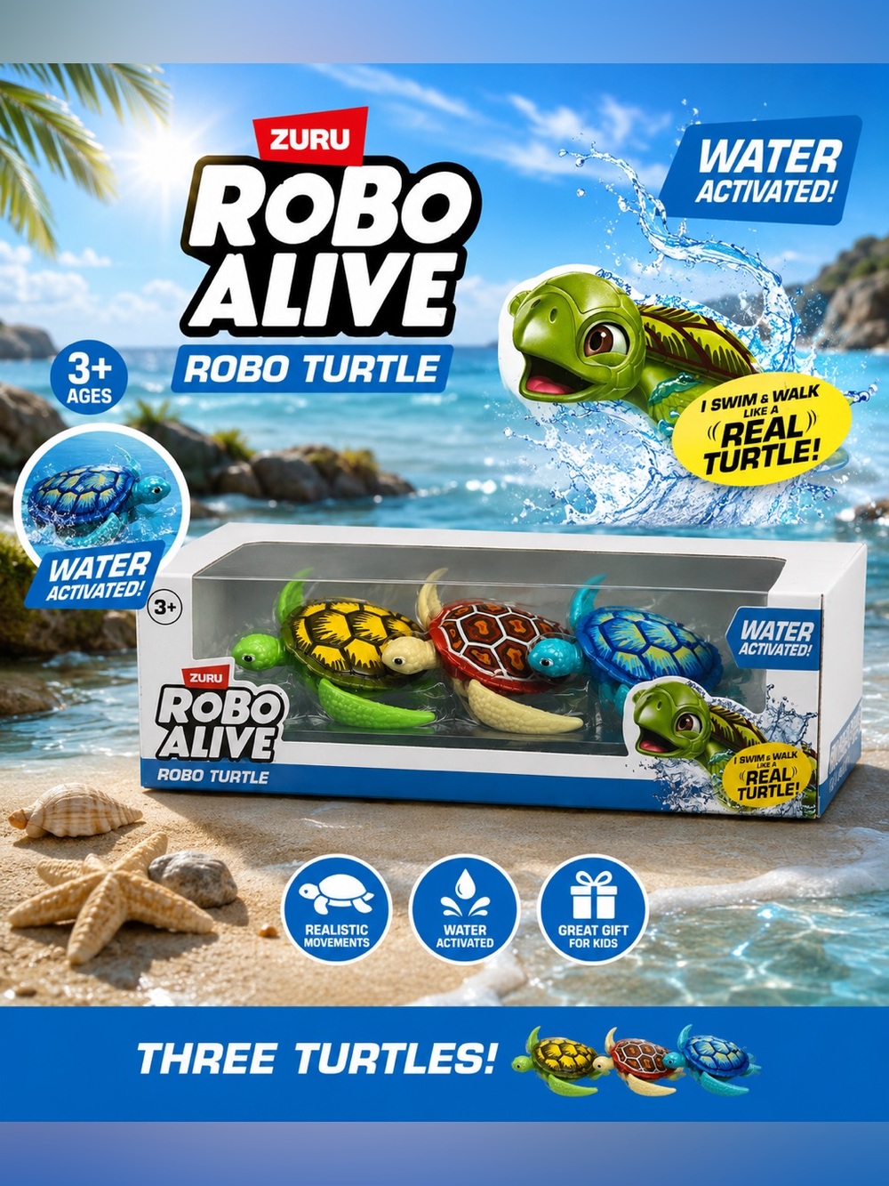 ZURU Robo Alive Robo Turtle 3-Pack Water Activated Swim & Walk Toy NEW
